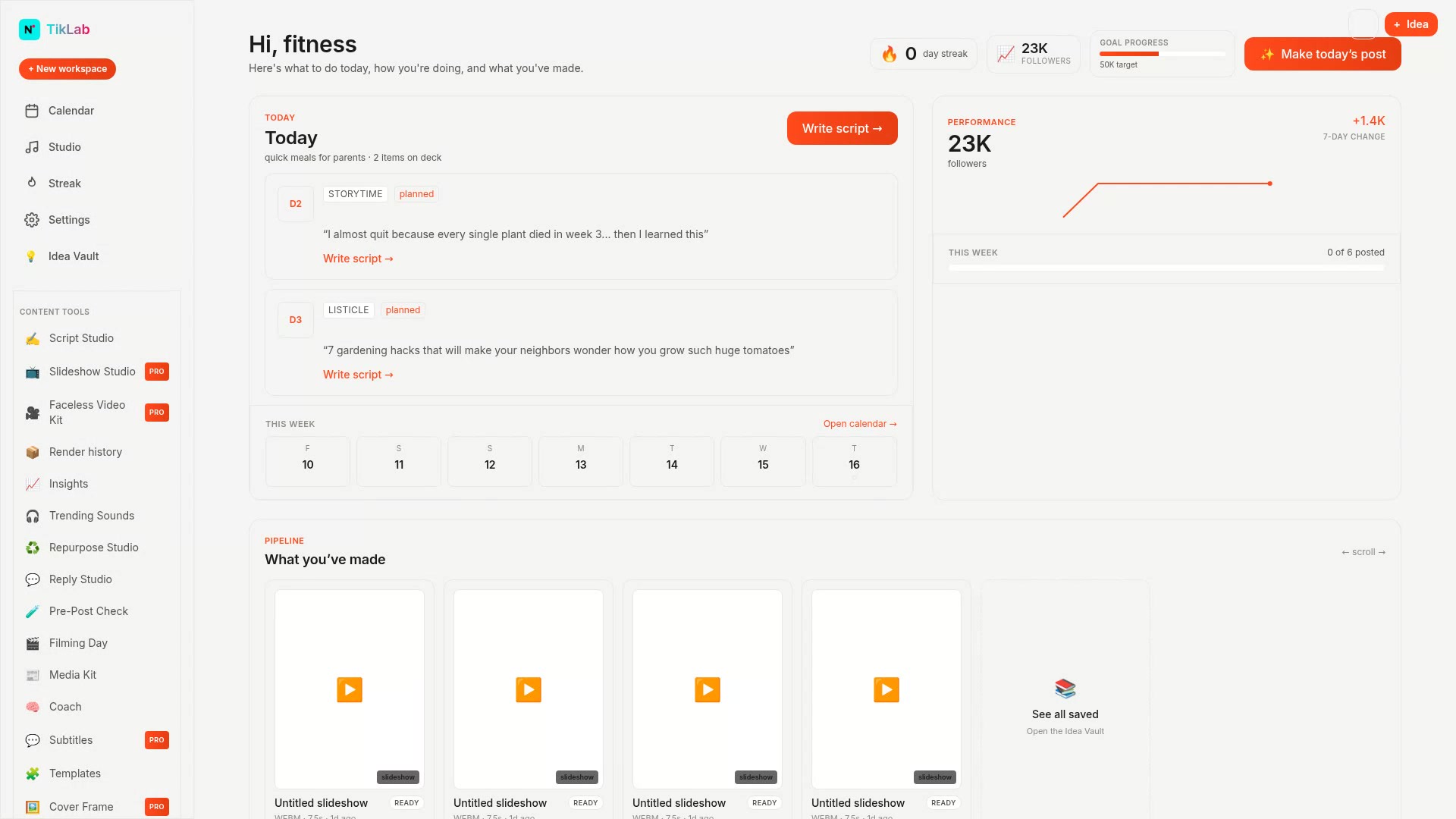 TikLab dashboard preview — make today's post